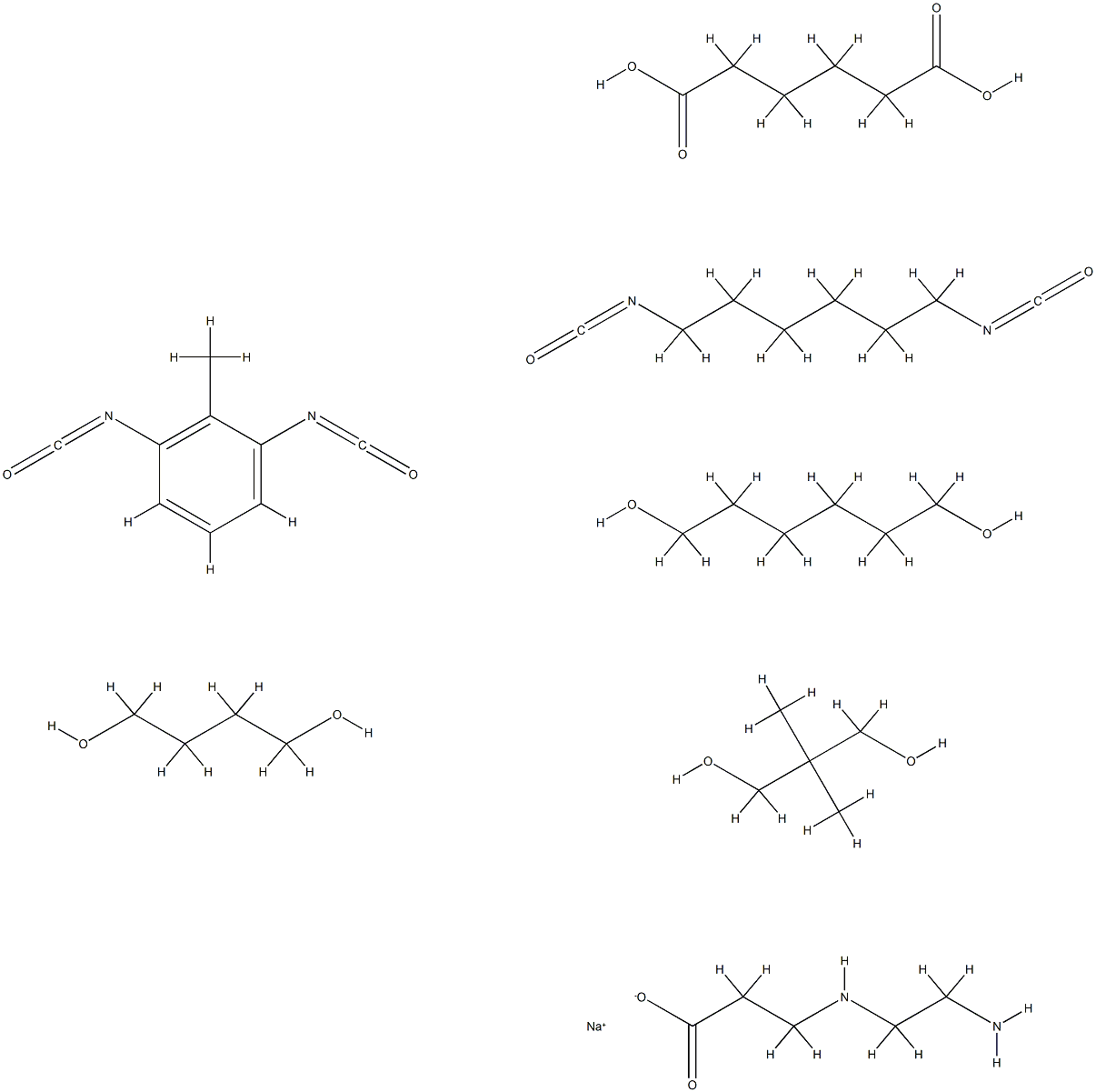 .beta.-Alanine, N-(2-aminoethyl)-, monosodium salt, polymer with 1,4-butanediol, 1,6-diisocyanatohexane, 1,3-diisocyanatomethylbenzene, 2,2-dimethyl-1,3-propanediol, hexanedioic acid and 1,6-hexanediol Struktur