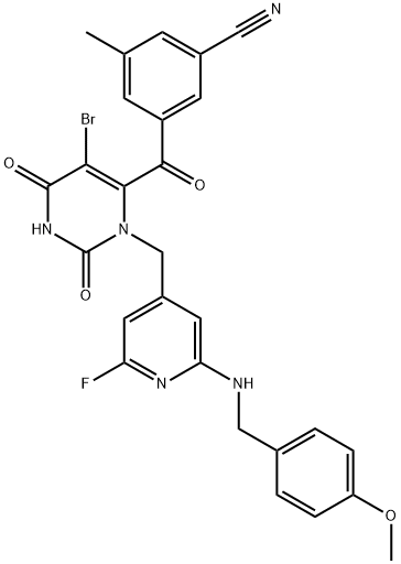 3-[[5-Bromo-3-[[2-fluoro-6-[[(4-methoxyphenyl)methyl]amino]-4-pyridinyl]methyl]-1,2,3,6-tetrahydro-2,6-dioxo-4-pyrimidinyl]carbonyl]-5-methyl-benzonit Struktur