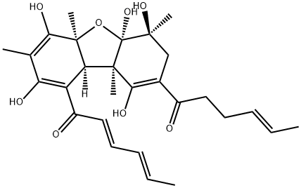 2',3'-Dihydro-[1,1'-(4a,5a,6,7,9a,9b-hexahydro-2,4,5a,6,9-pentahydroxy-3,4a,6,9a-tetramethyl-1,8-dibenzofurandiyl)bis(2,4-hexadien-1-one)] Struktur