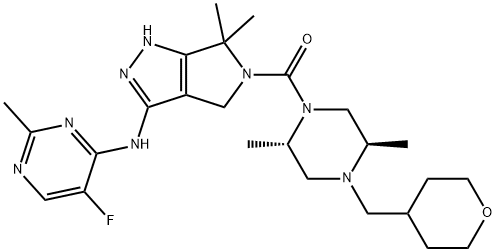 5-{[(2S,5R)-2,5-dimethyl-4-(tetrahydro-2H-pyran-4-ylmethyl)piperazin-1-yl]carbonyl}-N-(5-fluoro-2-methylpyrimidin-4-yl)-6,6-dimethyl-1,4,5,6-tetrahydropyrrolo[3,4-c]pyrazol-3-amine Struktur