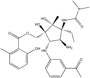 2-Hydroxy-6-methylbenzoic acid [(1S)-5α-[(3-acetylphenyl)amino]-4β-amino-3β-[[(dimethylamino)carbonyl]amino]-3α-ethyl-1β,2α-dihydroxy-2β-methylcyclopentyl]methyl ester Struktur