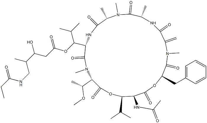 L-Threonine,(3R)-N-acetyl-3-hydroxy-L-leucyl-(aR)-a-hydroxybenzenepropanoyl-2,3-didehydro-N-methylalanyl-L-alanyl-N-methyl-L-alanyl-(3R)-3-[[(2S,3R)-3-hydroxy-4-methyl-1-oxo-2-[(1-oxopropyl)amino]pentyl]oxy]-L-leucyl-N,O-dimethyl-,(7(R)1)-lactone (9CI) Struktur