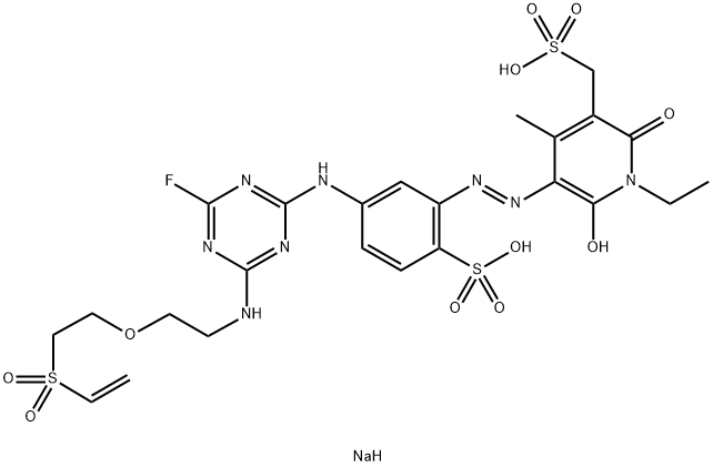 3-Pyridinemethanesulfonic acid, 5-5-4-2-2-(ethenylsulfonyl)ethoxyethylamino-6-fluoro-1,3,5-triazin-2-ylamino-2-sulfophenylazo-1-ethyl-1,2-dihydro-6-hydroxy-4-methyl-2-oxo-, disodium salt Struktur