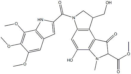 Benzo1,2-b:4,3-bdipyrrole-2-carboxylic acid, 1,2,3,6,7,8-hexahydro-4-hydroxy-8-(hydroxymethyl)-2-methyl-1-oxo-6-(5,6,7-trimethoxy-1H-indol-2-yl)carbonyl-, methyl ester Struktur