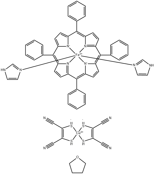 bis(imidazole)(5,10,15,20-tetraphenylporphinato)iron(III) bis(1,2-dicyanoethylenedithiolato)cuprate(III) tetrakis(tetrahydrofuran) Struktur