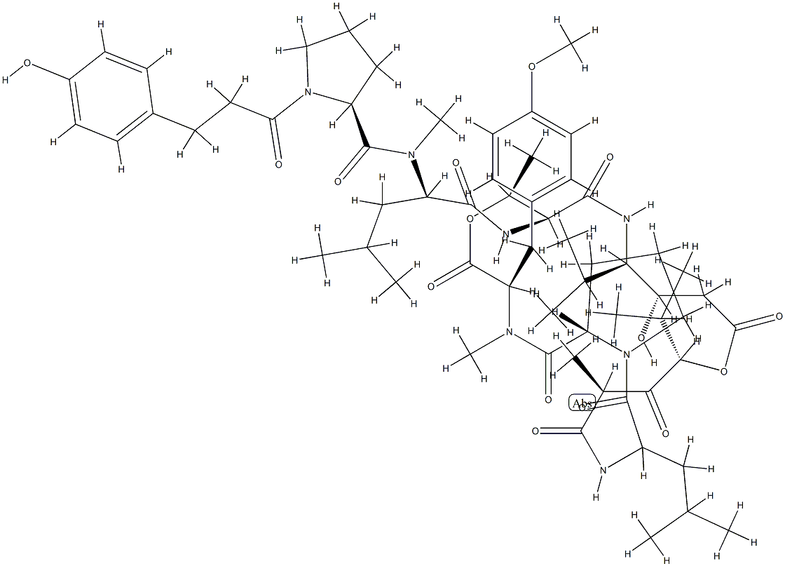 N-[N-[3-(4-Hydroxyphenyl)propanoyl]-L-Pro-N-methyl-D-Leu-]cyclo[L-Thr*-[(3S,4R)-3-hydroxy-4-isopropyl-γAbu-]-[(2S,4S)-4-hydroxy*-2,5-dimethyl-3-oxohexanoyl]-L-Leu-L-Pro-N,O-dimethyl-L-Tyr-] Struktur