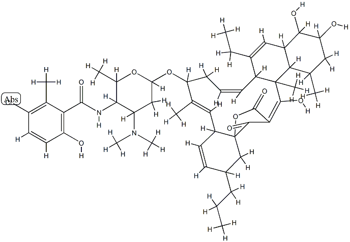 17-O-(4-((3-Chloro-6-hydroxy-2-methylbenzoyl)amino)-2,3,4,6-tetradeoxy -3-(dimethylamino)-beta-D-lyxo-hexopyranosyl)-22-de(hydroxymethyl)-8,1 4,23-tridemethyl-12-ethyl-8-hydroxy-23-propylkijanolide Struktur