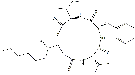 N-[N-[N-(3-Hydroxy-4-methyl-1-oxodecyl)-L-valyl]-L-phenylalanyl]-D-alloisoleucine λ-lactone Struktur