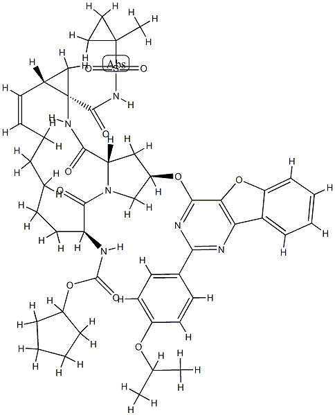 cyclopentyl((2R,6S,13aS,14aR,16aS,Z)-2-((2-(4-isopropoxyphenyl)benzofuro[3,2-d]pyrimidin-4-yl)oxy)-14a-(((1-methylcyclopropyl)sulfonyl)carbamoyl)-5,16-dioxo-1,2,3,5,6,7,8,9,10,11,13a,14,14a,15,16,16a-hexadecahydrocyclopropa[e]pyrrolo[1,2-a][1,4]diazacyclo Struktur