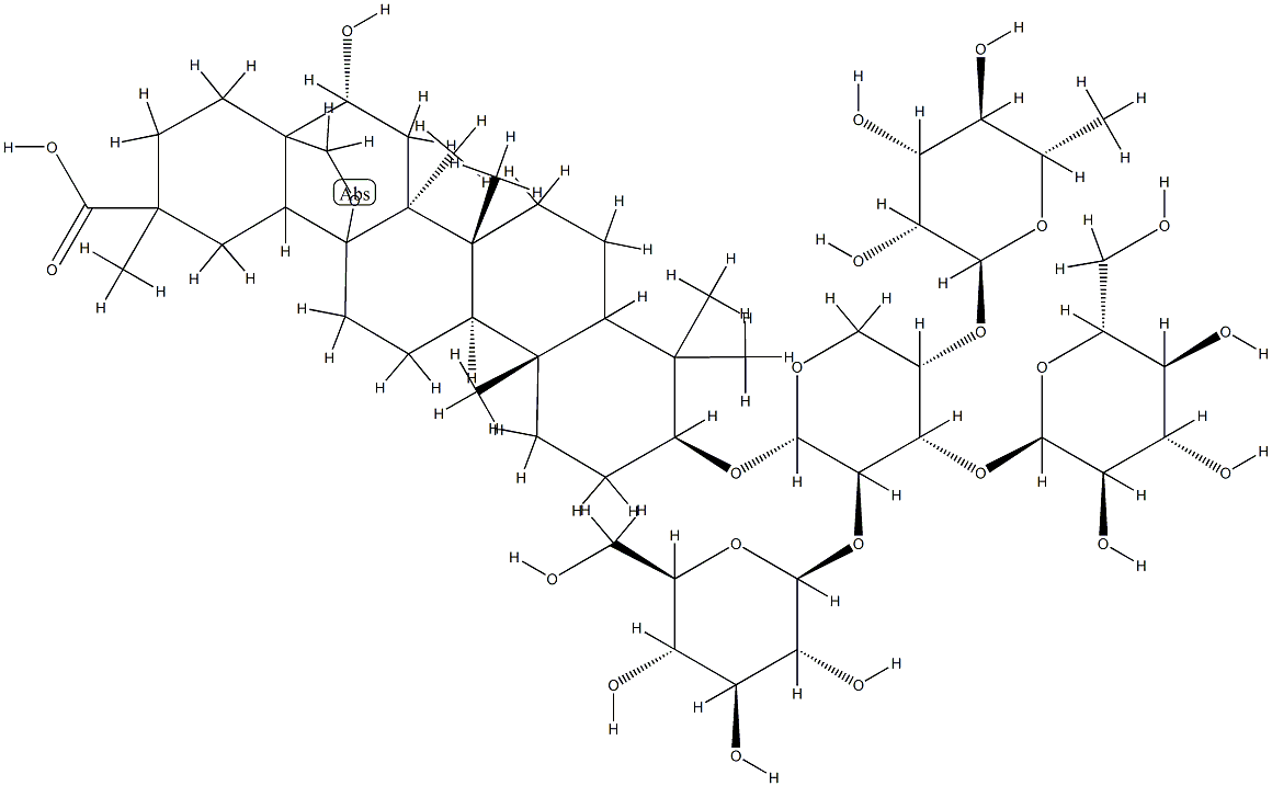 3-O-(rhamnopyranosyl-1-4-glucopyranosyl-1-2-(glucopyranosyl-1-4)-arabinopyranoside)-16-hydroxy-13,28-epoxyolean-29-oic acid Struktur