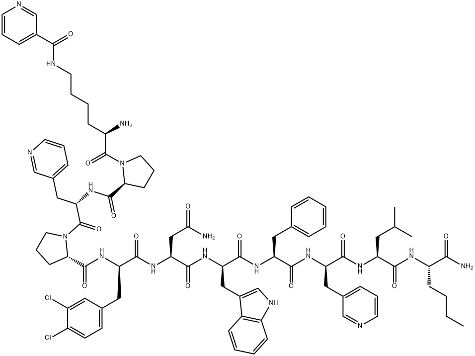 (D-Lys(nicotinoyl)1,β-(3-pyridyl)-Ala3,3,4-dichloro-D-Phe5,Asn6,D-Trp7,β-(3-pyridyl)-D-Ala9,Nle11)-Substance P Struktur