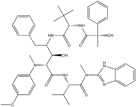 (2R,3S,4S)-N-[2-(4-Methoxybenzylamine)-4-[[N-[[((S)-phenyllactoyl))ter t-leucine]amino]-3-hydroxy- 5-phenylpentanoyl]valine (2-benzimidazolyl )methylamide Struktur