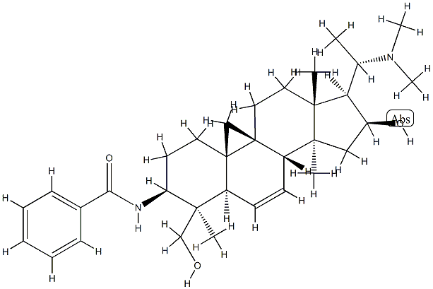 N-[(20S)-20-(Dimethylamino)-16β-hydroxy-4β-(hydroxymethyl)-4,14-dimethyl-9,19-cyclo-5α-pregn-6-en-3β-yl]benzamide Struktur