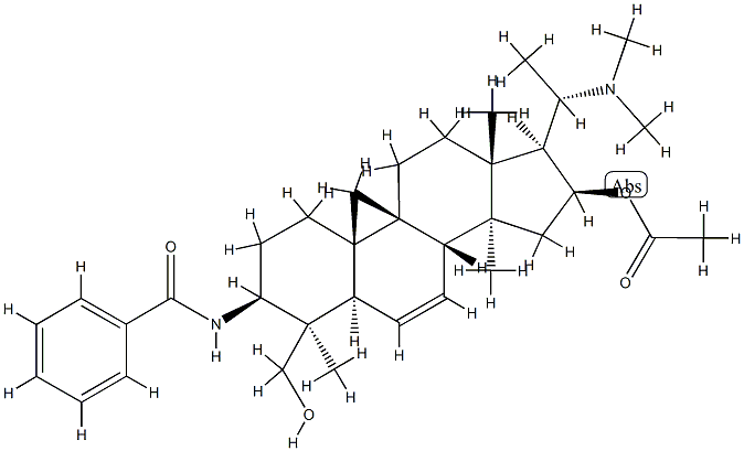 N-[(20S)-16β-Acetoxy-20-(dimethylamino)-4β-(hydroxymethyl)-4,14-dimethyl-9,19-cyclo-5α-pregn-6-en-3β-yl]benzamide Struktur