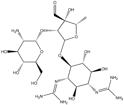 4-O-[2-O-(2-Amino-2-deoxy-α-L-glucopyranosyl)-5-deoxy-3-formyl-α-L-lyxofuranosyl]-N,N'-bis(aminoiminomethyl)-D-streptamine Struktur