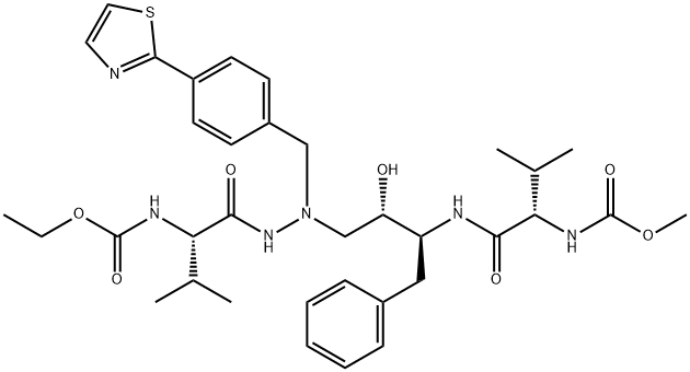 1-[4-(Thiazol-2-yl)-phenyl]-4(S)-hydroxy-2-N-(N-ethoxycarbonyl-(L)-val yl)amino]-5(S)-N-(N-methoxycarbonyl-(L)-valyl)amino-6-phenyl-2-azahexa ne Struktur