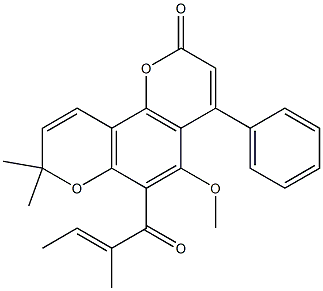 5-Methoxy-8,8-dimethyl-6-(2-methyl-1-oxo-2-butenyl)-4-phenyl-2H,8H-benzo[1,2-b:3,4-b']dipyran-2-one Struktur