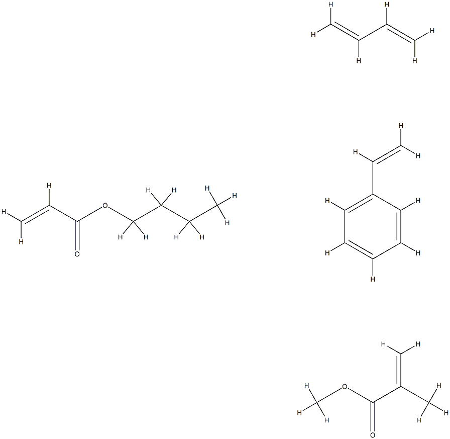 2-Propenoic acid, 2-methyl-, methyl ester, polymer with 1,3-butadiene, butyl 2-propenoate and ethenylbenzene Struktur