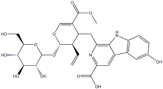 6-Hydroxy-1-[[(2S)-3α-vinyl-2β-(β-D-glucopyranosyloxy)-3,4β-dihydro-5-methoxycarbonyl-2H-pyran-4-yl]methyl]-9H-pyrido[3,4-b]indole-3-carboxylic acid Struktur