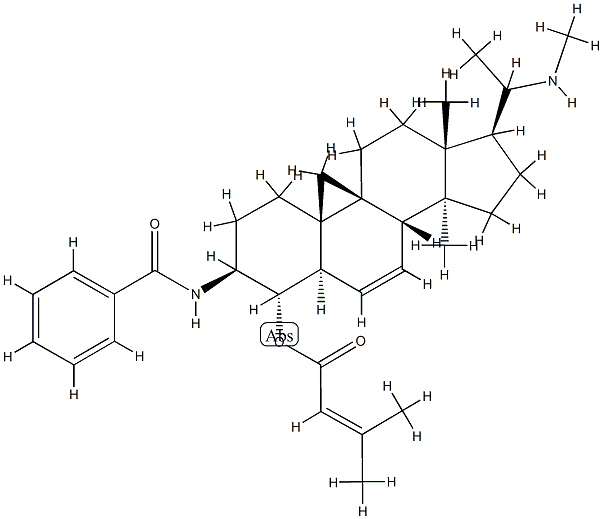 3-Methyl-2-butenoic acid 3β-benzoylamino-14-methyl-20-methylamino-9β,19-cyclo-5α-pregn-6-en-4α-yl ester Struktur