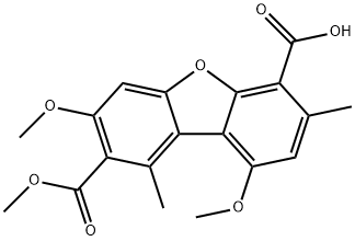 3,9-Dimethoxy-1,7-dimethyl-2,6-dibenzofurandicarboxylic acid 2-methyl ester Struktur