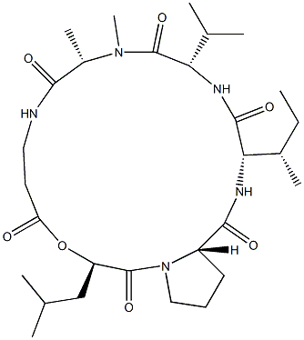 N-[N-[(2R)-1-Oxo-2-hydroxy-4-methylpentyl]-L-Pro-L-Ile-L-Val-N-methyl-L-Ala-]-β-alanine lactone Struktur