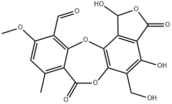 1,3-Dihydro-1,4-dihydroxy-5-hydroxymethyl-10-methoxy-8-methyl-3,7-dioxo-7H-isobenzofuro[4,5-b][1,4]benzodioxepin-11-carbaldehyde Struktur