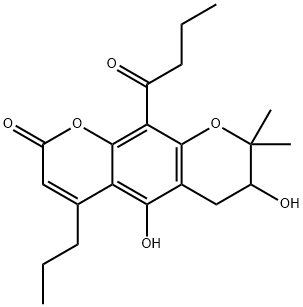 10-Butyryl-7,8-dihydro-5,7-dihydroxy-8,8-dimethyl-4-propyl-2H,6H-benzo[1,2-b:5,4-b']dipyran-2-one Struktur