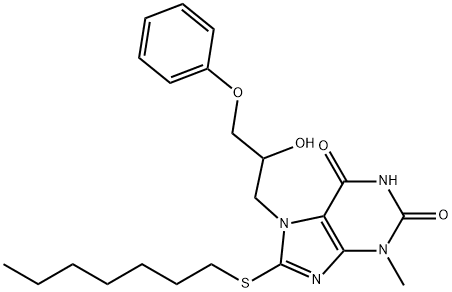 8-(heptylsulfanyl)-7-(2-hydroxy-3-phenoxypropyl)-3-methyl-3,7-dihydro-1H-purine-2,6-dione Struktur