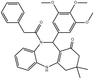 3,3-dimethyl-10-(phenylacetyl)-11-(3,4,5-trimethoxyphenyl)-2,3,4,5,10,11-hexahydro-1H-dibenzo[b,e][1,4]diazepin-1-one Struktur