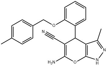 6-amino-3-methyl-4-{2-[(4-methylbenzyl)oxy]phenyl}-1,4-dihydropyrano[2,3-c]pyrazole-5-carbonitrile Struktur