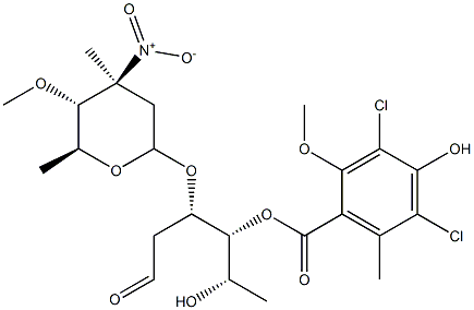 2,6-Dideoxy-3-O-(3-nitro-4-O-methyl-3-C-methyl-2,3,6-trideoxy-α-L-arabino-hexopyranosyl)-D-arabino-hexose 4-(3,5-dichloro-4-hydroxy-2-methoxy-6-methylbenzoate) Struktur