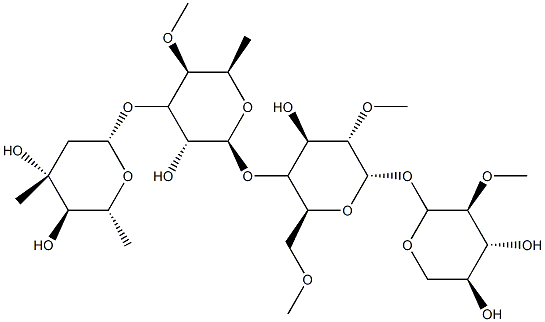 [2-O-Methyl-α-L-lyxopyranosyl]4-O-[6-deoxy-3-O-(3-methyl-2,6-dideoxy-β-D-arabino-hexopyranosyl)-4-O-methyl-β-D-galactopyranosyl]-2-O,6-O-dimethyl-β-D-mannopyranoside Struktur