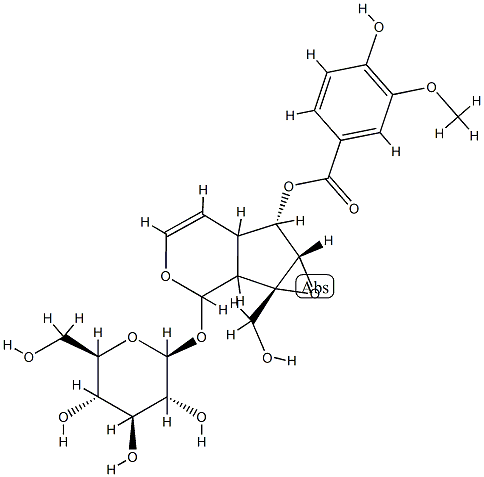 [(1aS,2S,6S,6aS)-1a,1b,2,5a,6,6a-Hexahydro-6-[(4-hydroxy-3-methoxybenzoyl)oxy]-1aβ-(hydroxymethyl)oxireno[4,5]cyclopenta[1,2-c]pyran-2-yl]β-D-glucopyranoside Struktur