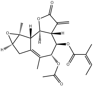 (Z)-2-Methyl-2-butenoic acid [(3aS)-5α-(acetyloxy)-2,3,3a,4,5,7,7aα,8a,8bβ,8cα-decahydro-6,8aα-dimethyl-3-methylene-2-oxooxireno[2,3]azuleno[4,5-b]furan-4β-yl] ester Struktur