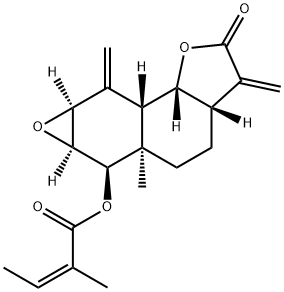 (Z)-2-Methyl-2-butenoic acid [(3aS,6aα,7aα,8aβ,8bα)-dodecahydro-5aα-methyl-3,8-bis(methylene)-2-oxooxireno[6,7]naphtho[1,2-b]furan-6β-yl] ester Struktur