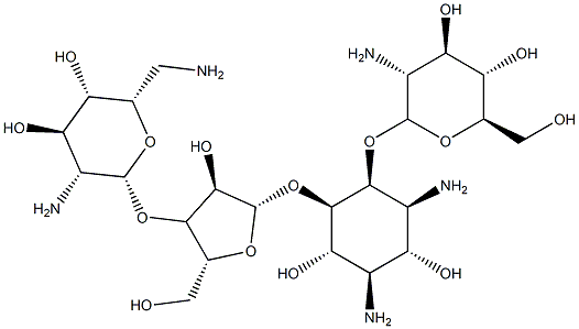 4-O-(2-Amino-2-deoxy-α-D-glucopyranosyl)-5-O-[3-O-(2,6-diamino-2,6-dideoxy-β-L-idopyranosyl)-β-D-ribofuranosyl]-D-streptamine Struktur