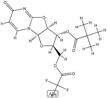 2,2-Dimethylpropionic acid (2R)-2,3,3aβ,9aβ-tetrahydro-6-oxo-2α-[[(trifluoroacetyl)oxy]methyl]-6H-furo[2',3':4,5]oxazolo[3,2-a]pyrimidin-3β-yl ester Struktur