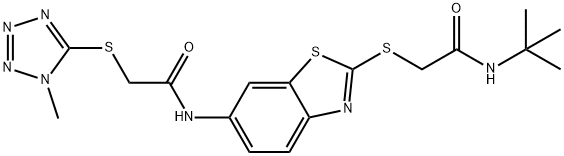 N-(2-{[2-(tert-butylamino)-2-oxoethyl]sulfanyl}-1,3-benzothiazol-6-yl)-2-[(1-methyl-1H-tetraazol-5-yl)sulfanyl]acetamide Struktur