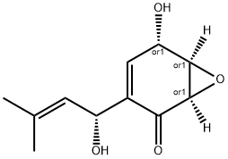 7-Oxabicyclo[4.1.0]hept-3-en-2-one, 5-hydroxy-3-[(1R)-1-hydroxy-3-methyl-2-butenyl]-, (1R,5S,6R)-rel- (9CI) Struktur