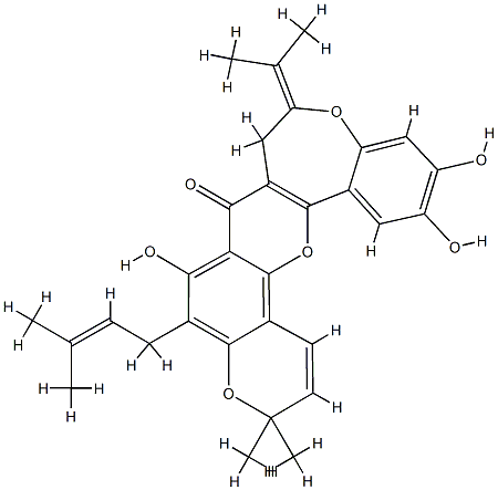 8,9-Dihydro-6,12,13-trihydroxy-3,3-dimethyl-5-(3-methyl-2-butenyl)-9-(1-methylethylidene)-3H,7H-pyrano[2',3':7,8][1]benzopyrano[3,2-d][1]benzoxepin-7-one Struktur