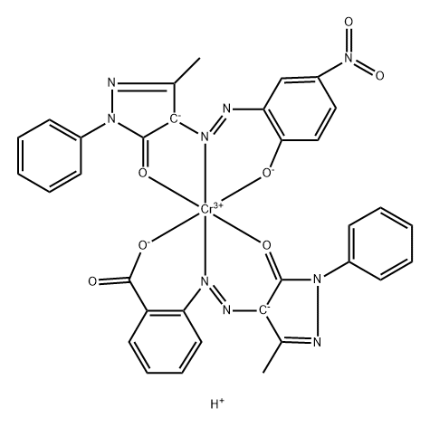 hydrogen [2,4-dihydro-4-[(2-hydroxy-5-nitrophenyl)azo]-5-methyl-2-phenyl-3H-pyrazol-3-onato(2-)][2-[(4,5-dihydro-3-methyl-5-oxo-1-phenyl-1H-pyrazol-4-yl)azo]benzoato(2-)]chromate(1-) Struktur