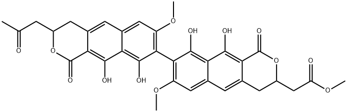 (-)-7,7'-Dimethoxy-3-(methoxycarbonylmethyl)-3'-(2-oxopropyl)-9,9',10,10'-tetrahydroxy-3,3',4,4'-tetrahydro-8,8'-bi[1H-naphtho[2,3-c]pyran]-1,1'-dione Struktur