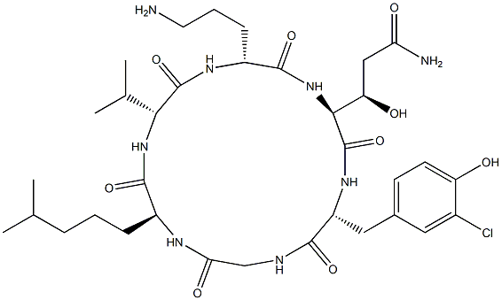 Cyclo[Gly-6,6-dimethyl-L-Nle-D-Val-D-Orn-[(3R)-3-hydroxy-L-Gln-]-5-chloro-D-Tyr-] Struktur