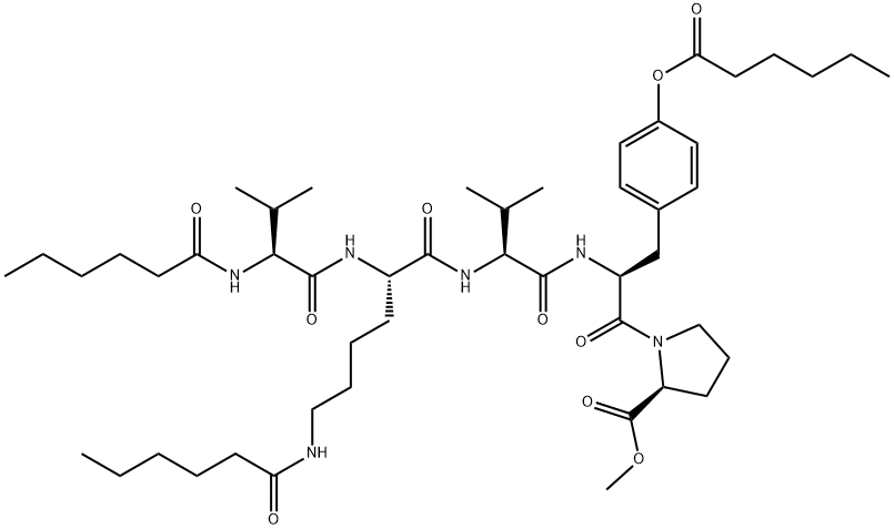 N-(1-Oxohexyl)-L-Val-N6-(1-oxohexyl)-L-Lys-L-Val-O-(1-oxohexyl)-L-Tyr-L-Pro-OMe Struktur