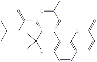 3-Methylbutyric acid [[9R,10R,(+)]-10-acetoxy-9,10-dihydro-8,8-dimethyl-2-oxo-2H,8H-benzo[1,2-b:3,4-b']dipyran-9-yl] ester Struktur