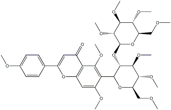 5,7-Dimethoxy-2-(4-methoxyphenyl)-6-[3-O,4-O,6-O-trimethyl-2-O-(2-O,3-O,4-O,6-O-tetramethyl-β-D-glucopyranosyl)-β-D-glucopyranosyl]-4H-1-benzopyran-4-one Struktur