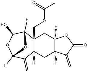 (3aR)-3aα,4,4aα,5,6,8,9,9a,10,10aα-Decahydro-9aβ-acetoxymethyl-8β-hydroxy-3,5-bis(methylene)-6β,9β-epoxyfuro[2,3-h][3]benzoxepin-2(3H)-one Struktur