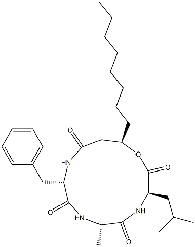 N-[N-[N-[(R)-3-Hydroxy-1-oxoundecyl]-L-phenylalanyl]-L-alanyl]-D-leucine λ-lactone Struktur