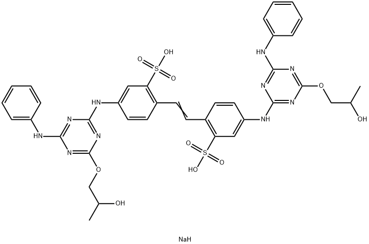 Benzenesulfonic acid, 2,2'-(1,2-ethenediyl)bis[ 5-[[4-(2-hydroxypropoxy)-6-(phenylamino)-1,3,5-triazin -2-yl]amino]-, disodium salt Struktur